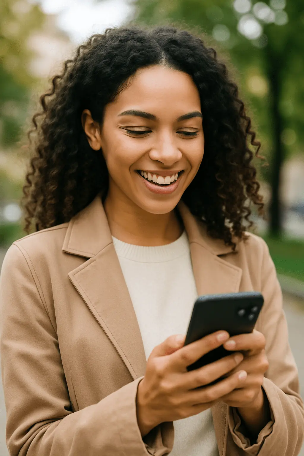 Woman using phone with app screenshot