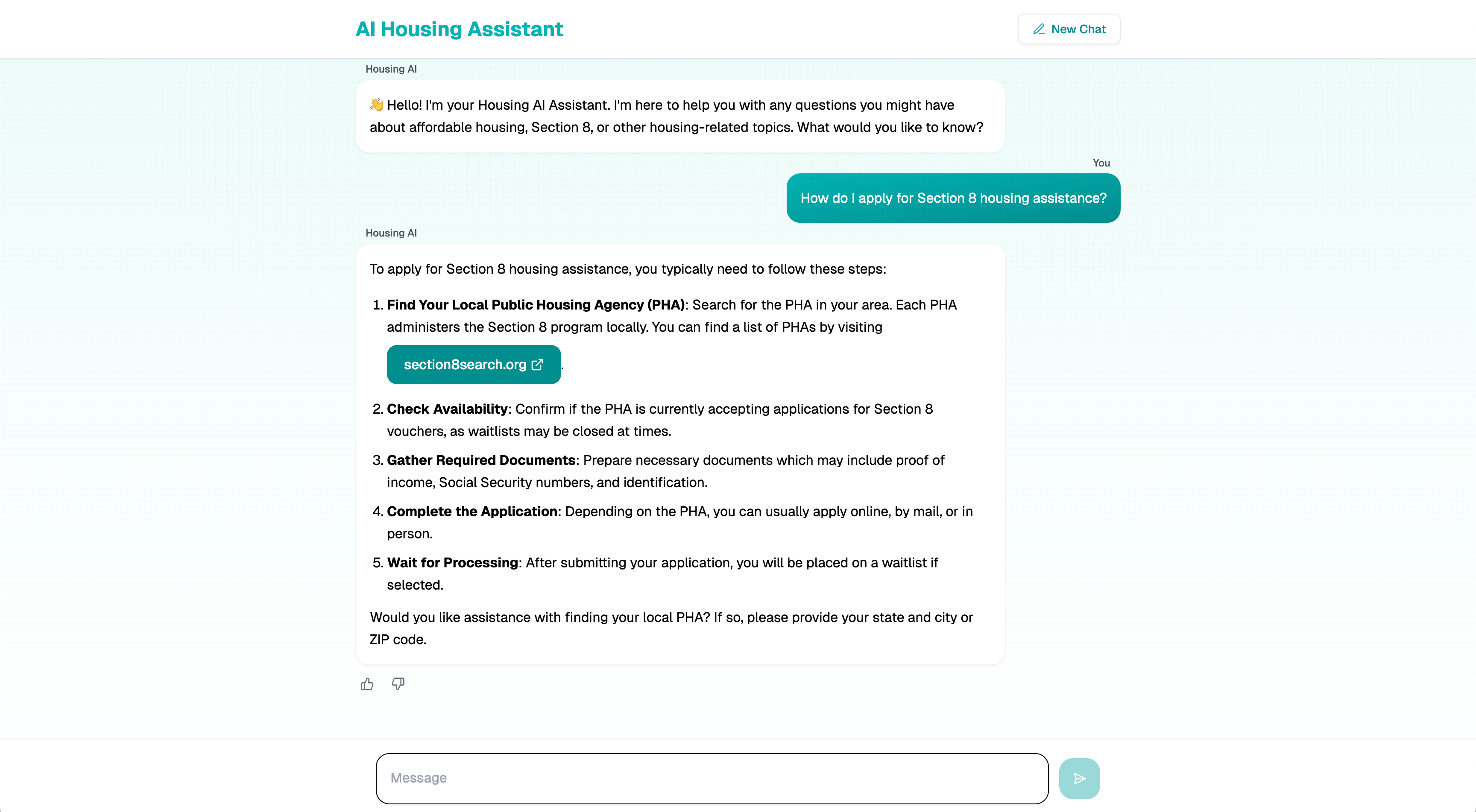 Housing AI Interface showing chat conversation with housing assistance information